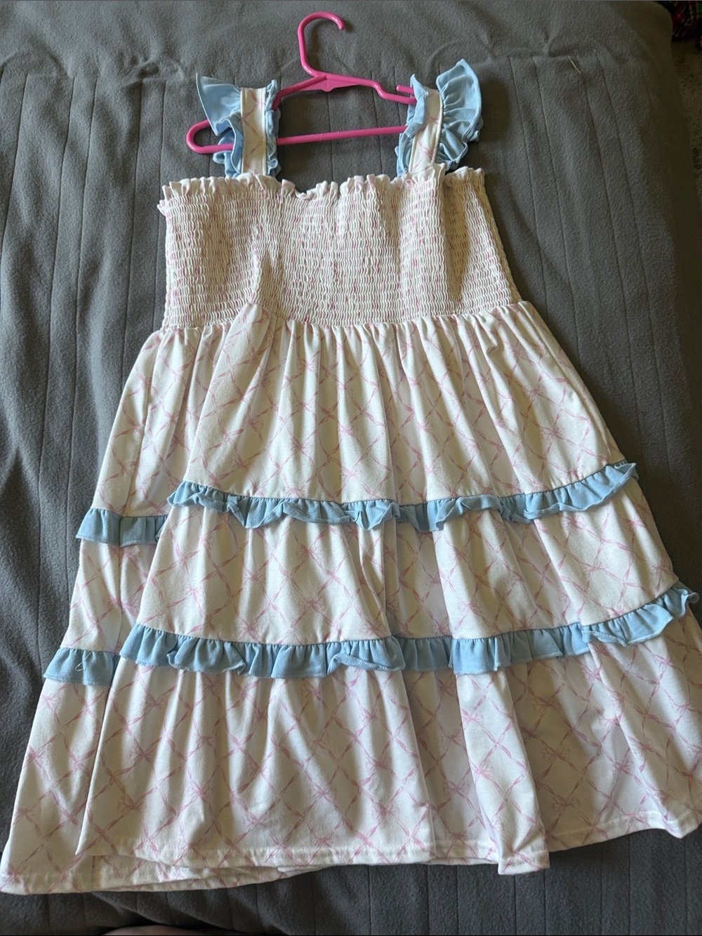 Girls' Cream Dress with Pink Print & Blue Ruffle Trim